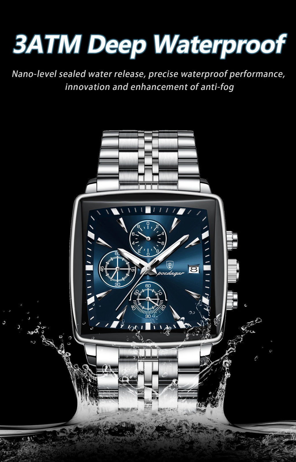 POEDAGAR Square Men Watch Waterproof Luminous Chronograph Calendar Man Wristwatch Stainless Steel Quartz Men's Watches+Box Reloj