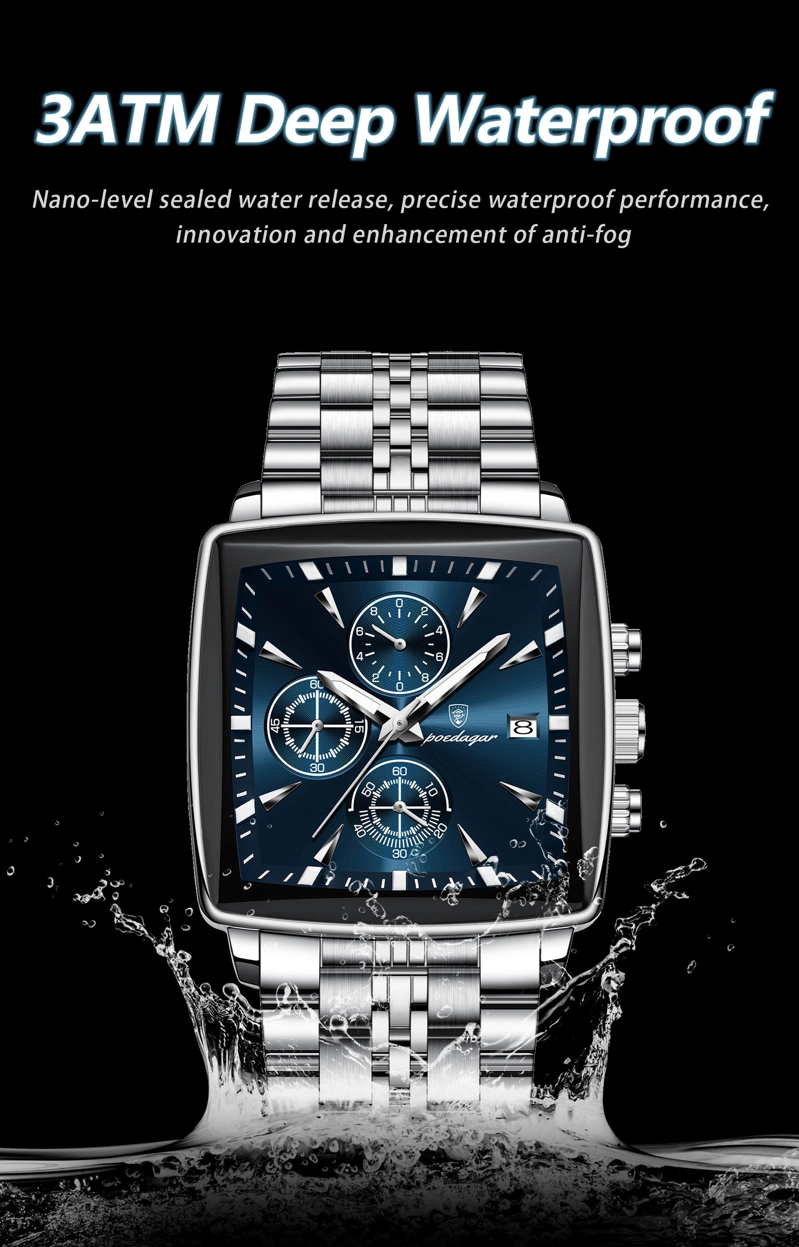 POEDAGAR Square Men Watch Waterproof Luminous Chronograph Calendar Man Wristwatch Stainless Steel Quartz Men's Watches+Box Reloj