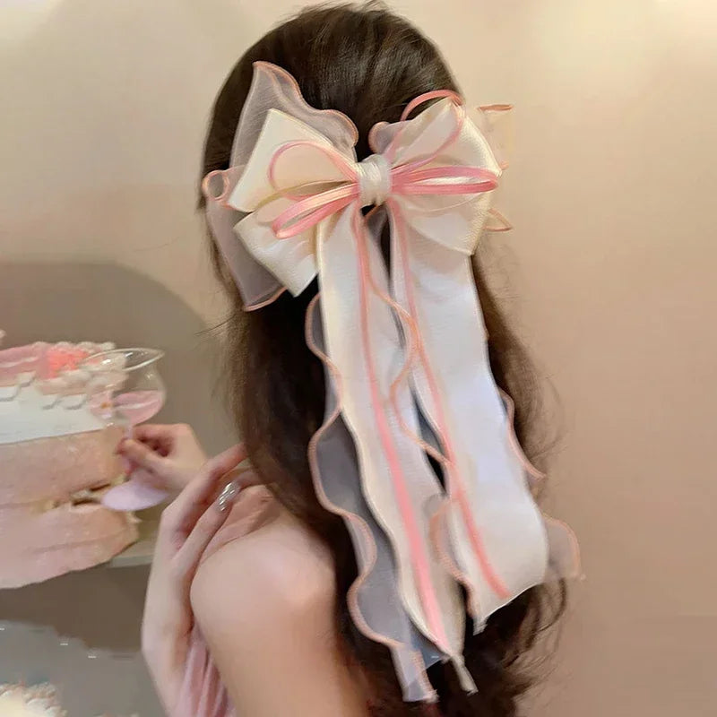Pink Mesh Big Bow Hair Clip For Women Simple Ribbon Girls Elegant Spring Clip Headwear Korean Style Cute Bowknot Ponytail
