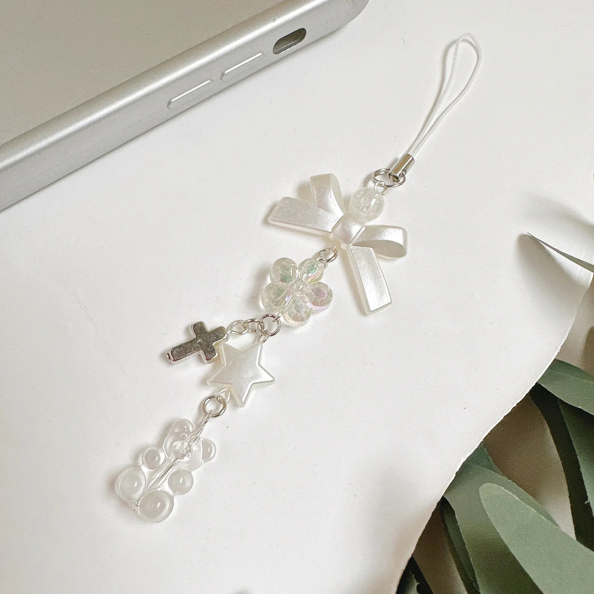 Candy Color Pearl Bowknot Phone Chain Sweet Bear Heart Pendant Earphone Case Anti-Lost Lanyard Bag Decor