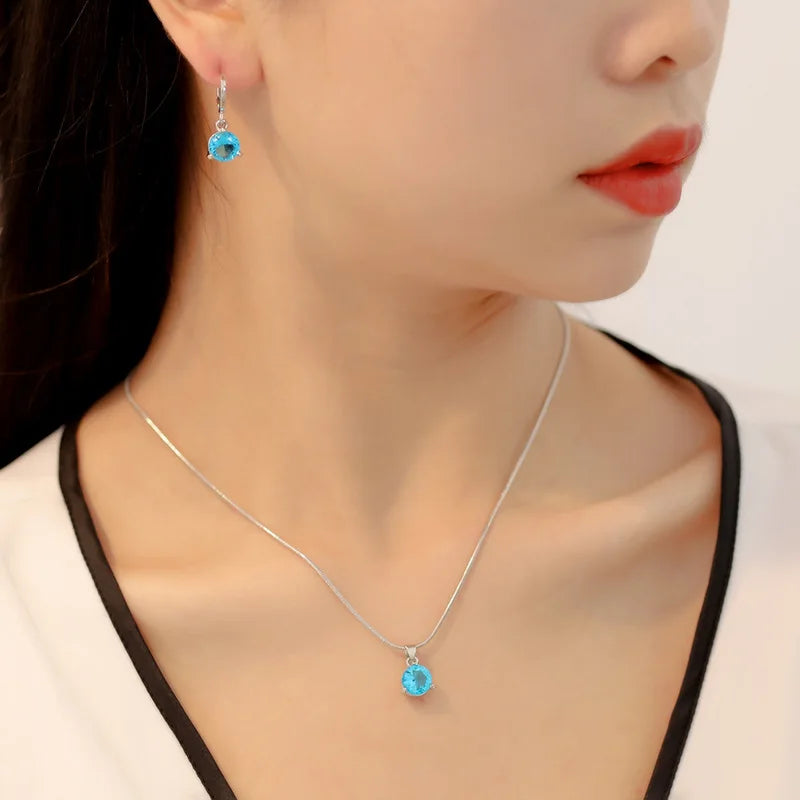 New Fashionable Temperament Jewelry Necklace and Earrings Two-piece Set Round Multi-color Zircon Pendant Set