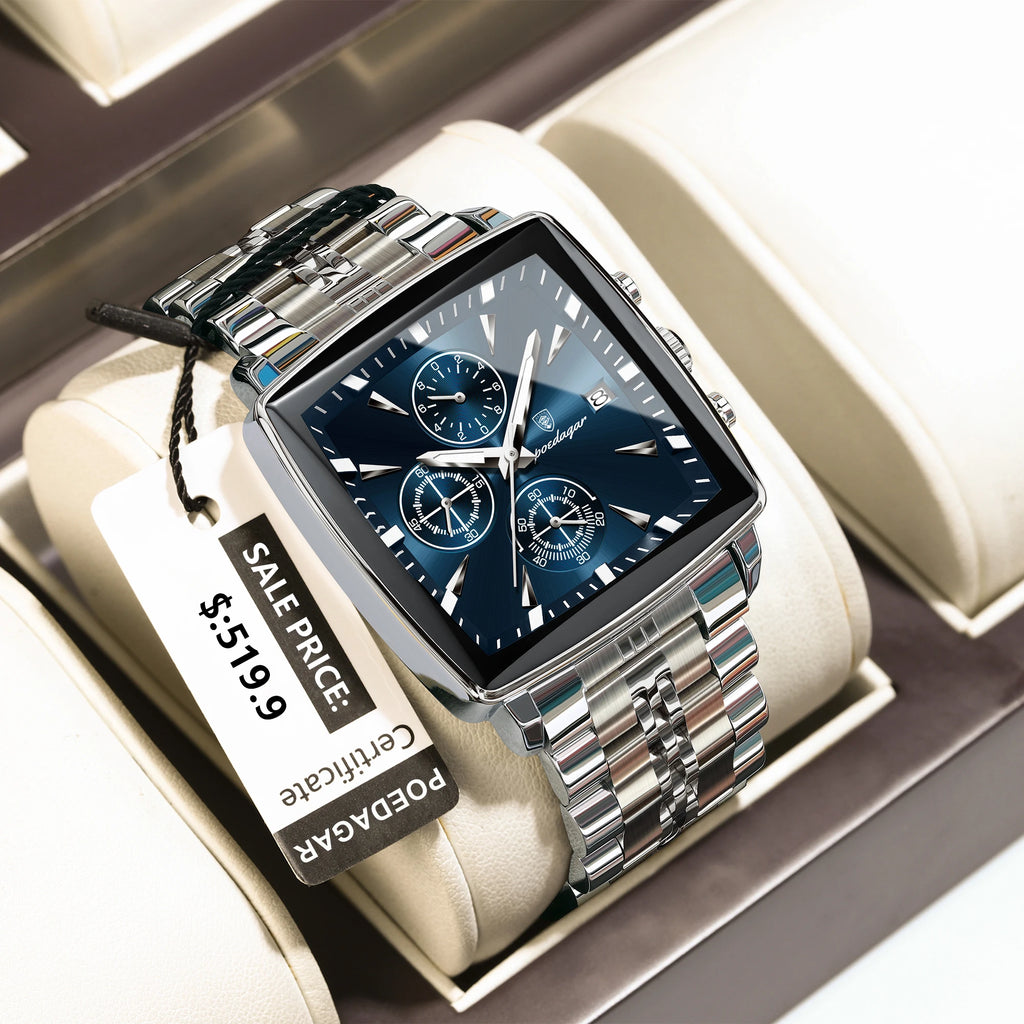 POEDAGAR Square Men Watch Waterproof Luminous Chronograph Calendar Man Wristwatch Stainless Steel Quartz Men's Watches+Box Reloj