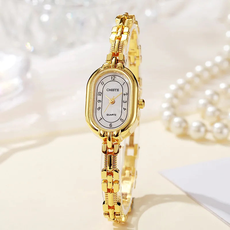 New Thin Bracelet Watch Retro Small Gold Watch for Women Oval Dial Light Luxury Fashion Quartz Wristwatch Gift Wholesale Clock