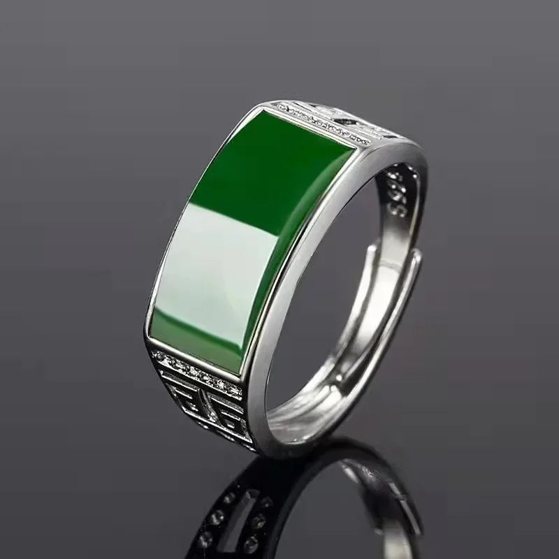 New Green Natural Hetian Jade Ring 925 Sterling Silver Ring Couple Rings Men Women Jewelry Lucky Stone Jade Finger Ring