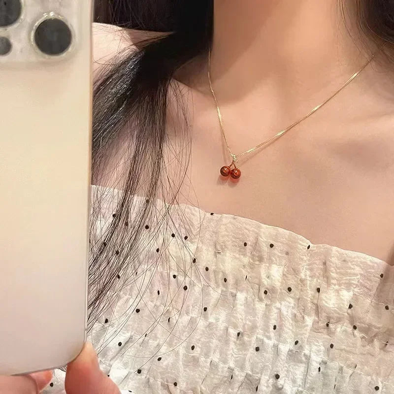Red Cherry Pendant Necklace Stud Earrings Set Women's Fashion Fruit Necklace Earrings Jewery Set For Party Wedding Girls Gifts