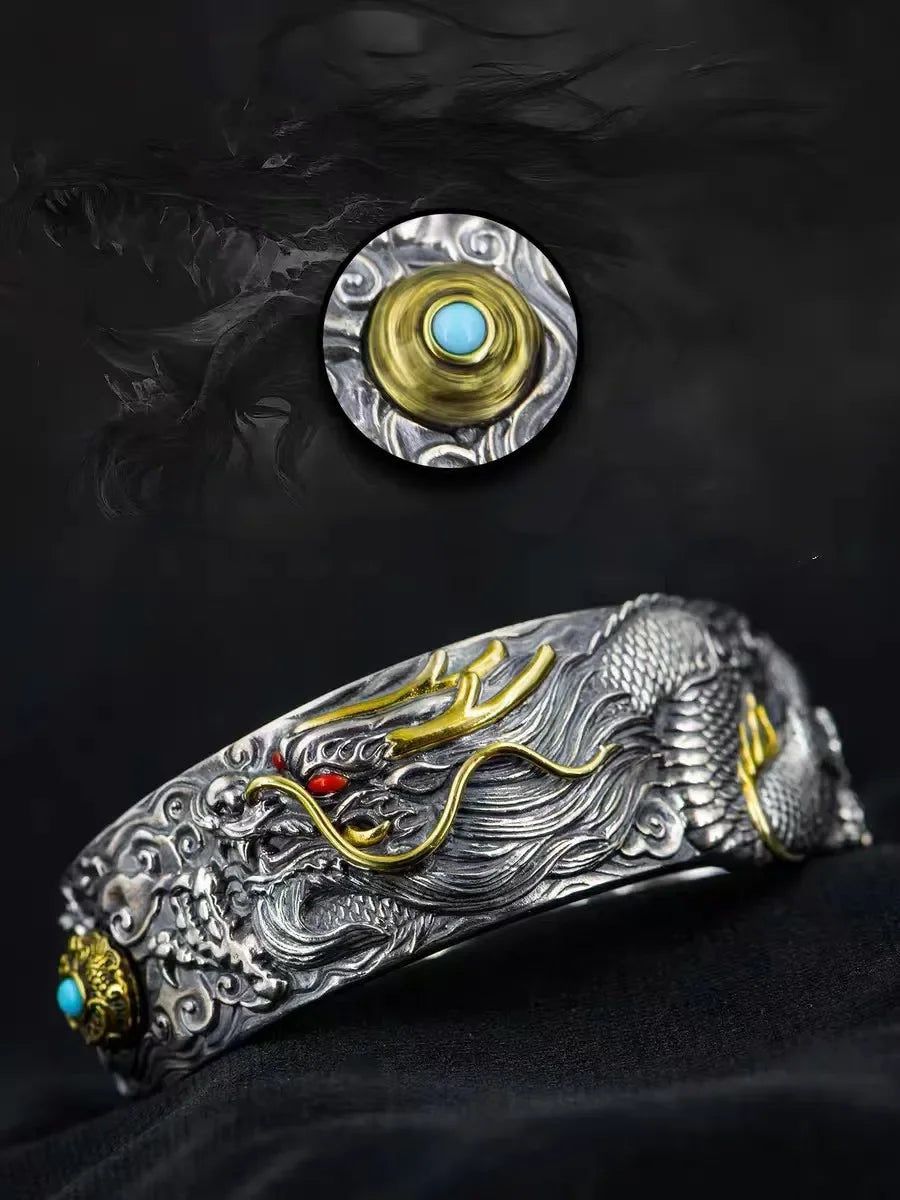 Retro Domineering Dragon Bracelet Chinese National Style Tenglong Cuff Bracelet Men's Punk Rock Locomotive Riding Amulet Jewelry