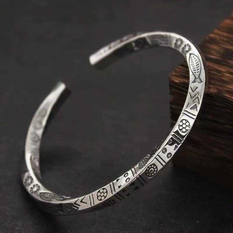 Silver-Plated Retro Six-Character Mantra Bracelet Men\\'s Heart Sutra Cuff Bangles Buddhist Religion Lucky Amulet Jewelry