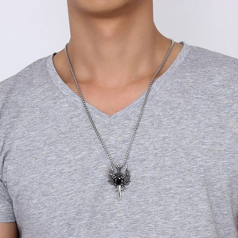 Double Dragon Red Stone Sword Cross Pendant Necklace For Men INS Vintage Stainless Steel Neck Chain Cool Hip Hop Jewelry Gifts