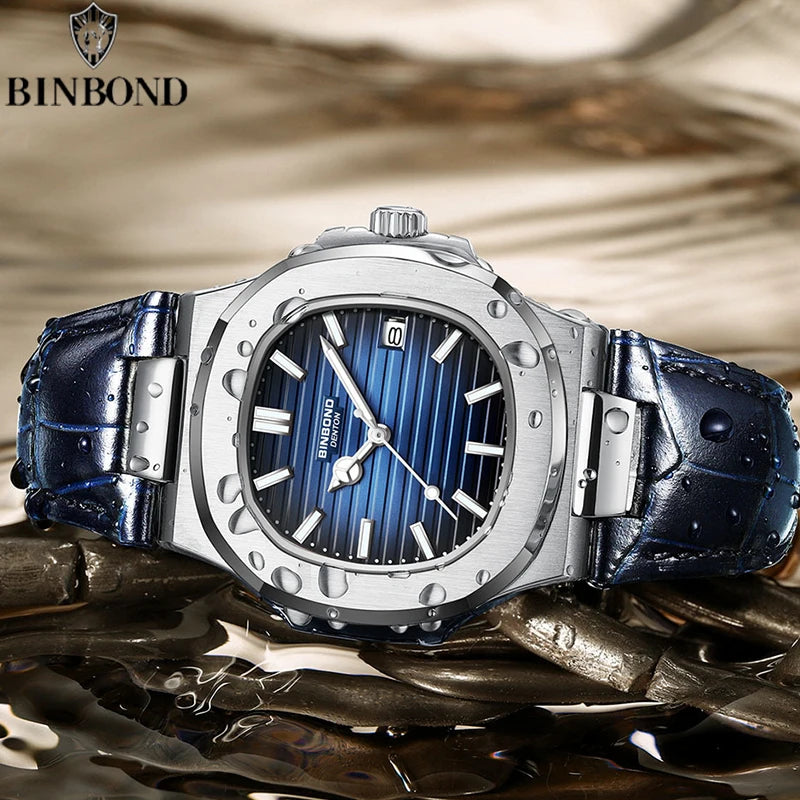BINBOND Top Luxury Square Man Watch Date Waterproof Luminous Watch High Quality Leather Quartz Men's Watches Relogio Masculino