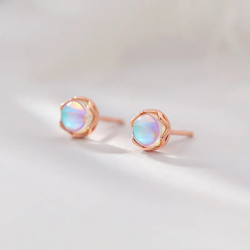 Mini Moonstone Small Round Stud Earrings for Women Simple Design Luxury Aurora Personality Exquisite Girls Charm Jewelry Gift