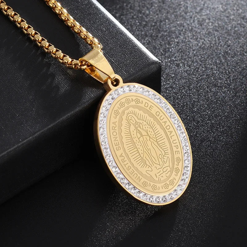Beautiful Stainless Steel Catholic Virgin Mary Portrait Square Pendant Necklace for Men and Women Religious Catholic Jewelry