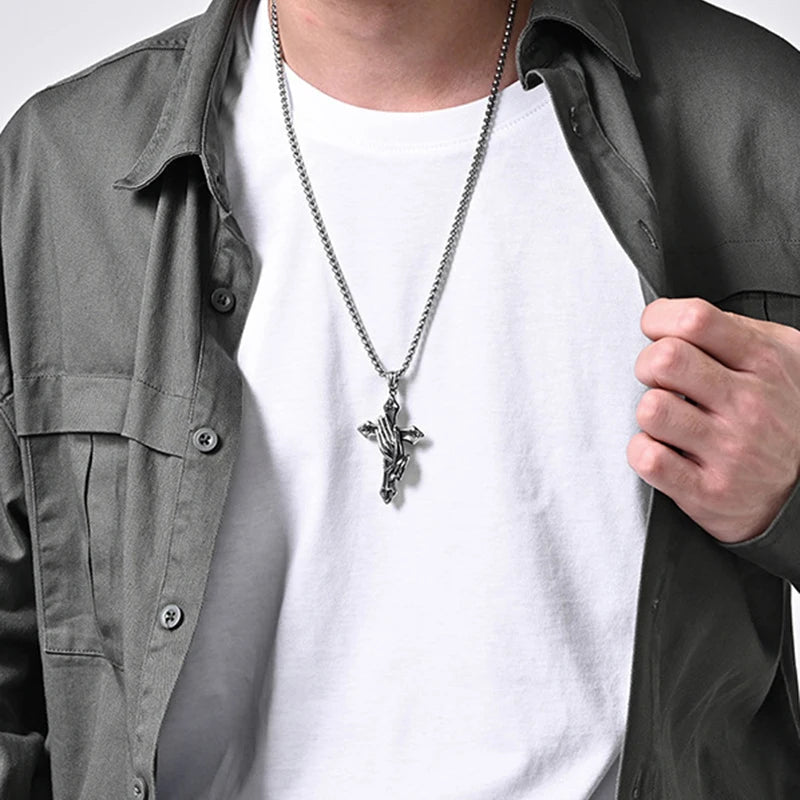 Vintage Praying Hands Cross Pendant Necklace hip-hop Stainless Steel Chain Neck Accessories Hip Hop Rock Jewelry 2025 Gifts