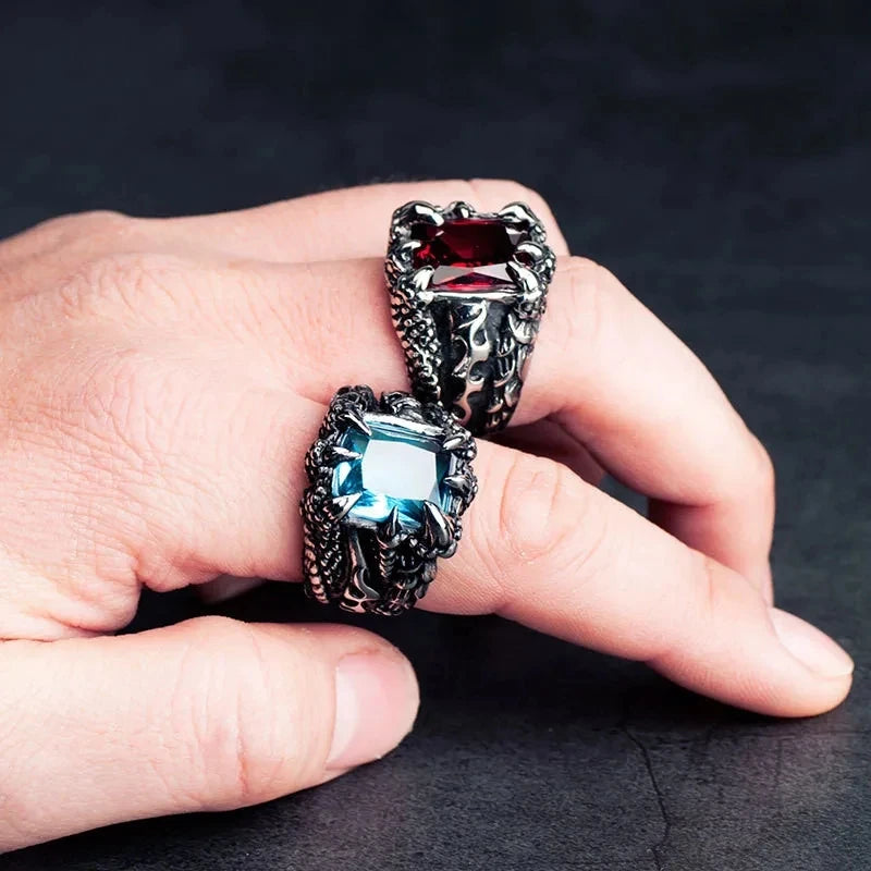 Gothic Blue and Red Crystal Evil Demon Dragon Claw Ring for Men Gram Biker Punk Rock Hip Hop Cool Jewelry Accessories