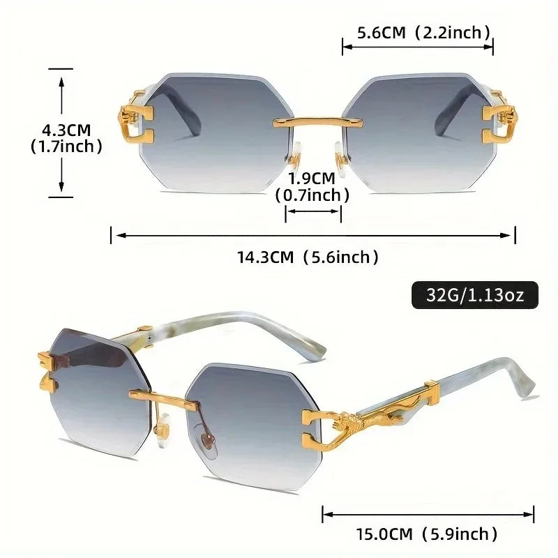 Vintage Rimless Polygonal Metal Frame Sunglasses with Leopard DesignTemples Unisex Outdoor Party Vacation Travel Driving Photo