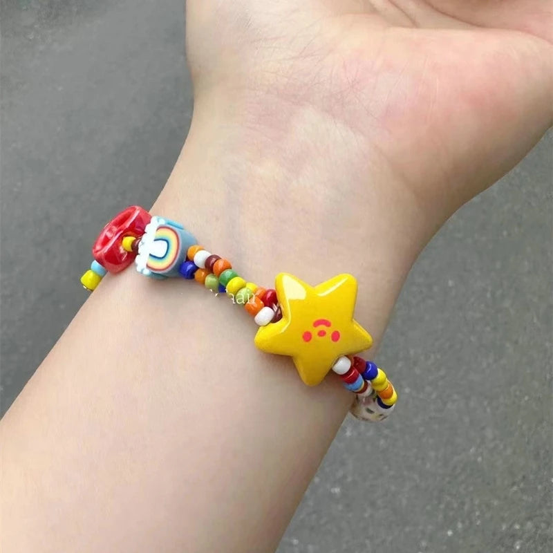 Women Summer Dopamine Sweet Cool Rhinestone Stars Bracelets Cute Cartoon Black Cat Heart Beads Bracelet Fashion Jewelry Gifts