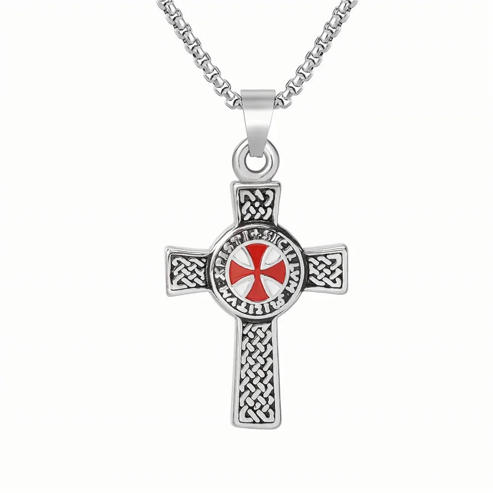 Fashion Punk Red Cross Templar Pendant Necklace Men\\'s Personalized Retro Christian Religious Jewelry