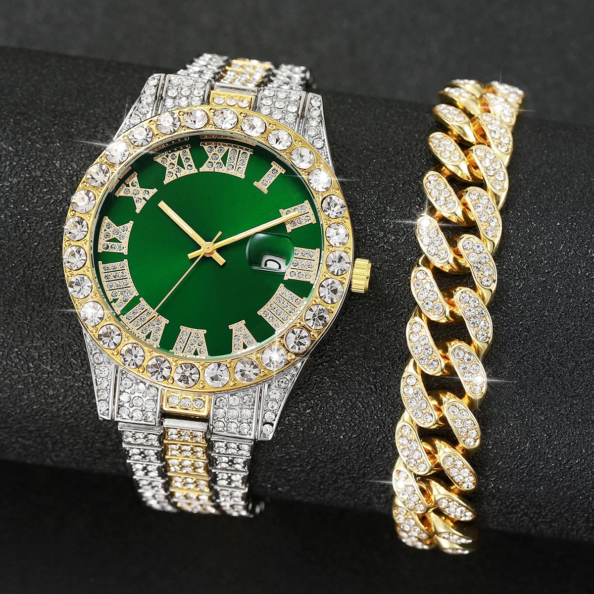2PCS Luxury Rhinestone Men Watches Fashion Stainless Steel Band Male's Analog Quartz Watch Bracelet Set Relogios Masculino