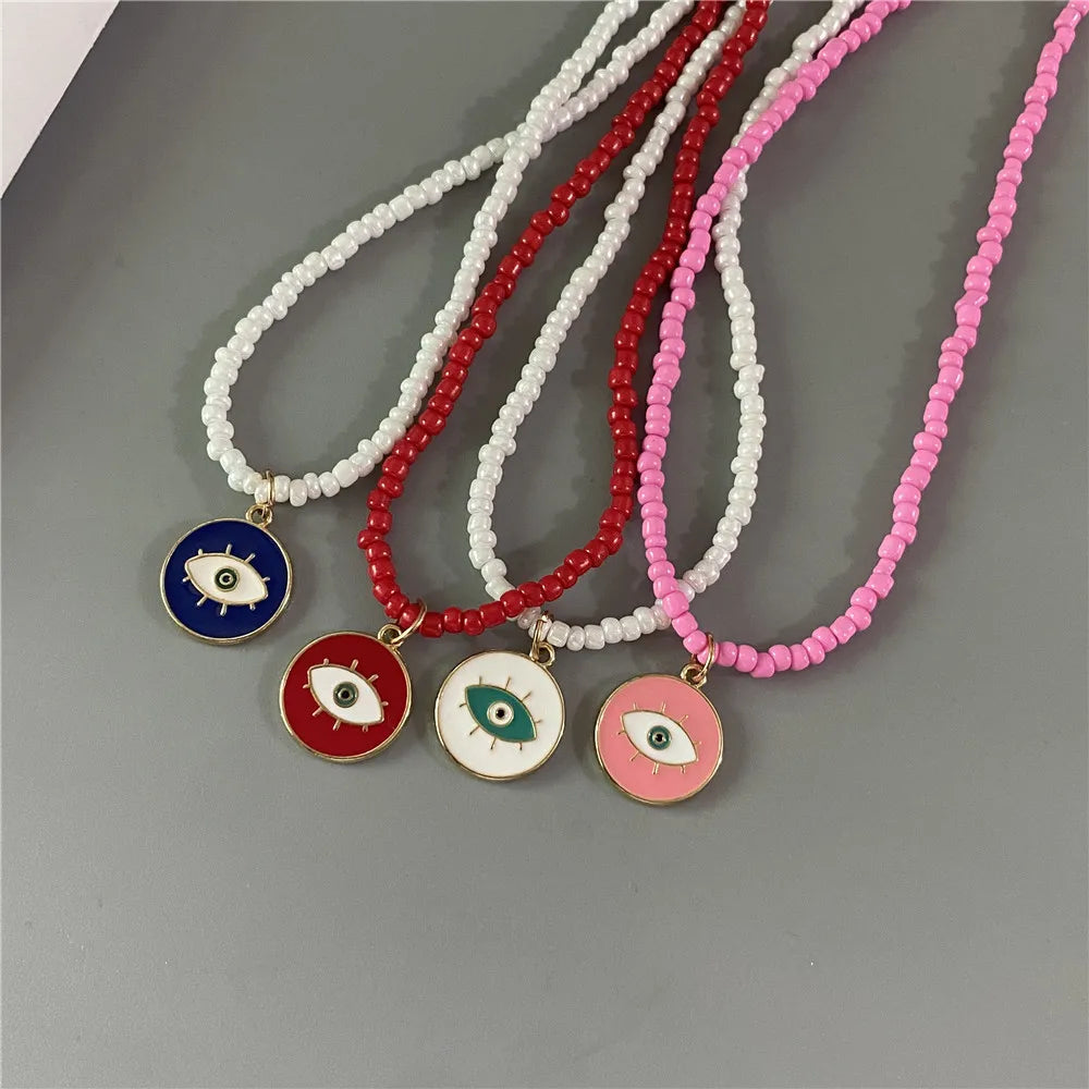 Lucky Handmade Necklace Popular Turkeky Eye Pendant Choker Colorful Rice Beadds Neck Jewelry