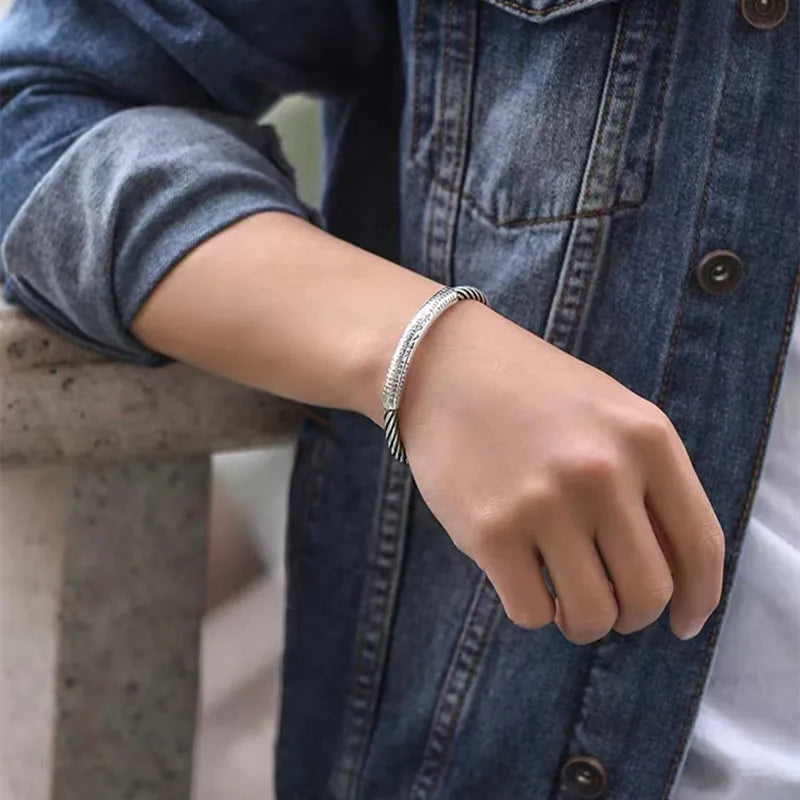 Silver-Plated Retro Six-Character Mantra Bracelet Men\\'s Heart Sutra Cuff Bangles Buddhist Religion Lucky Amulet Jewelry