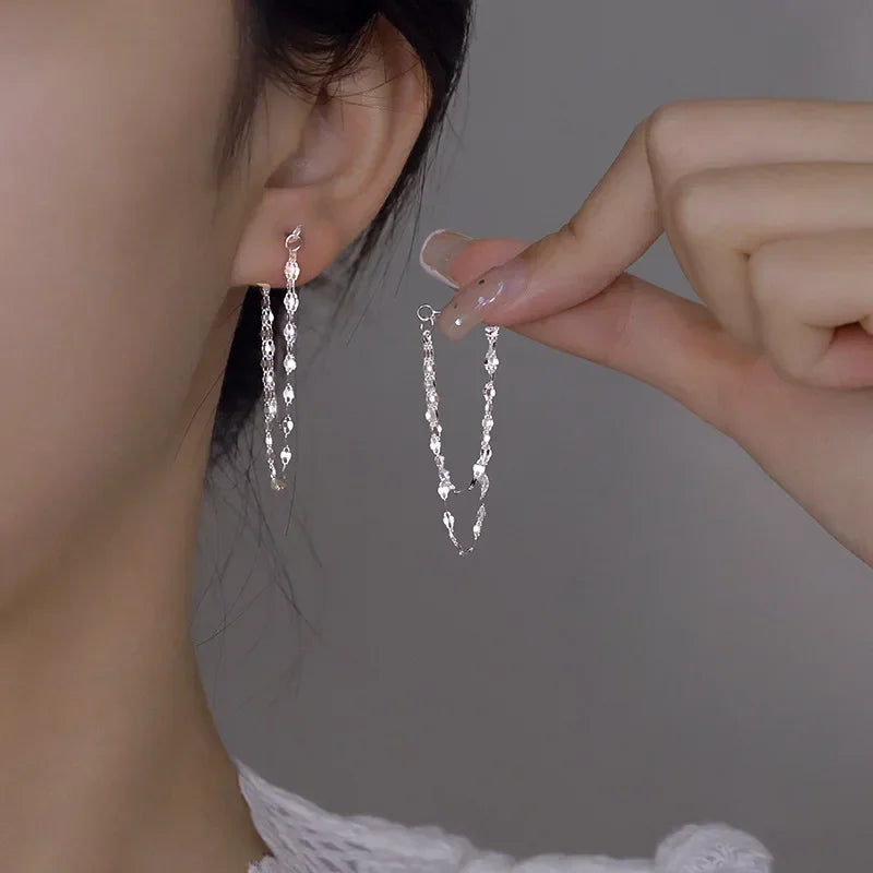 925 Sterling Silver Double Layered Tassel Earrings Long Sparkling Chain Earrings Summer Exquisite and Fashionable Party Jewelry