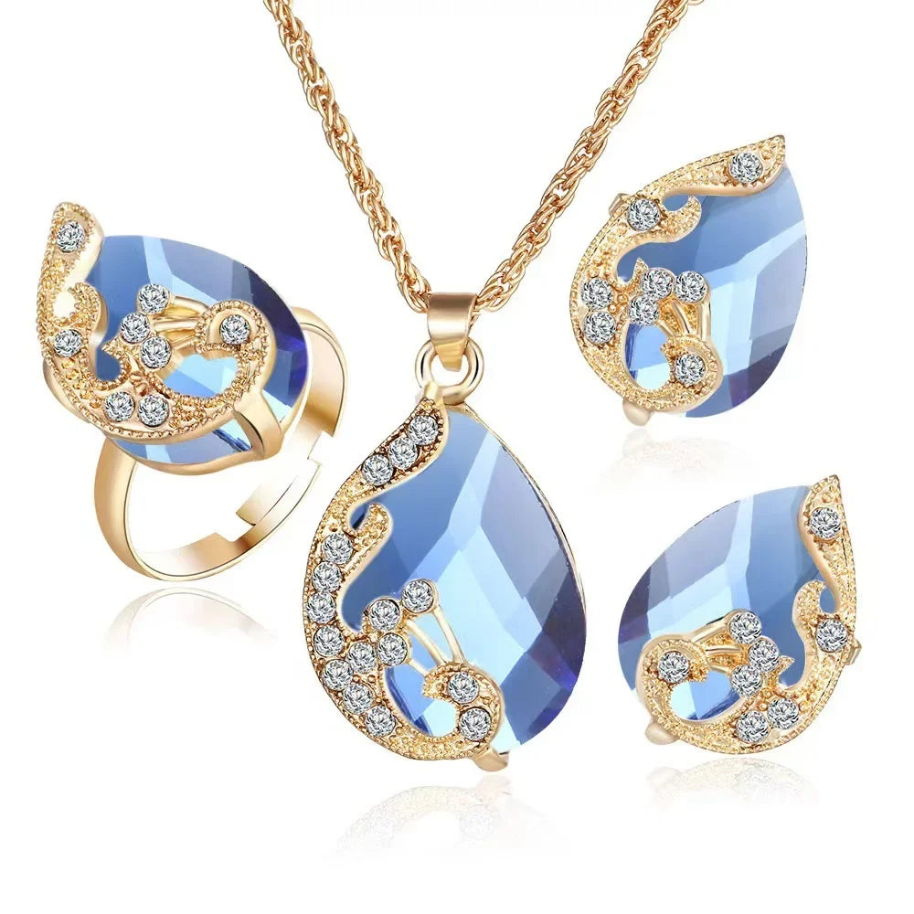 4PCS Trendy Water Droplets Peacock Jewelry Set Crystal Elegant Creative Series Peacock Exquisite Crystal Korean Edition Jewelry
