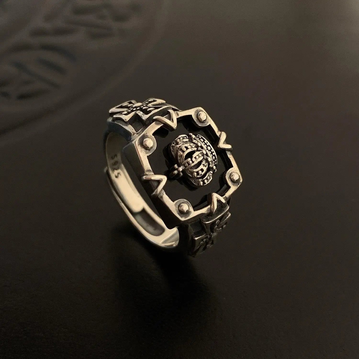 Best Sellers! Retro S925 Thai Silver, Crown Hip Hop Heavy Industry Dark Open Ring