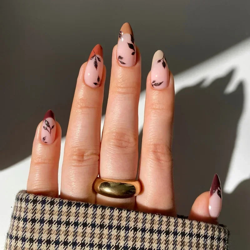 24pcs winter fall leaves brown black false nails with almond French artificial nails with glue short stiletto fake press on nail