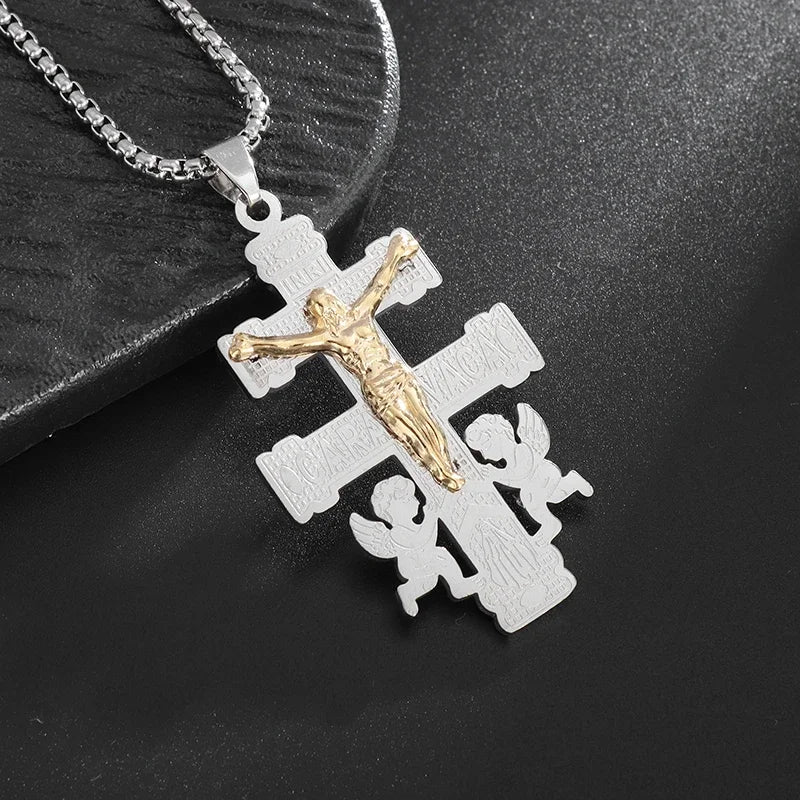 Catholic Jesus Cross Stainless Steel Pendant Necklace for Men Women Vintage Christian Prayer Jewelry