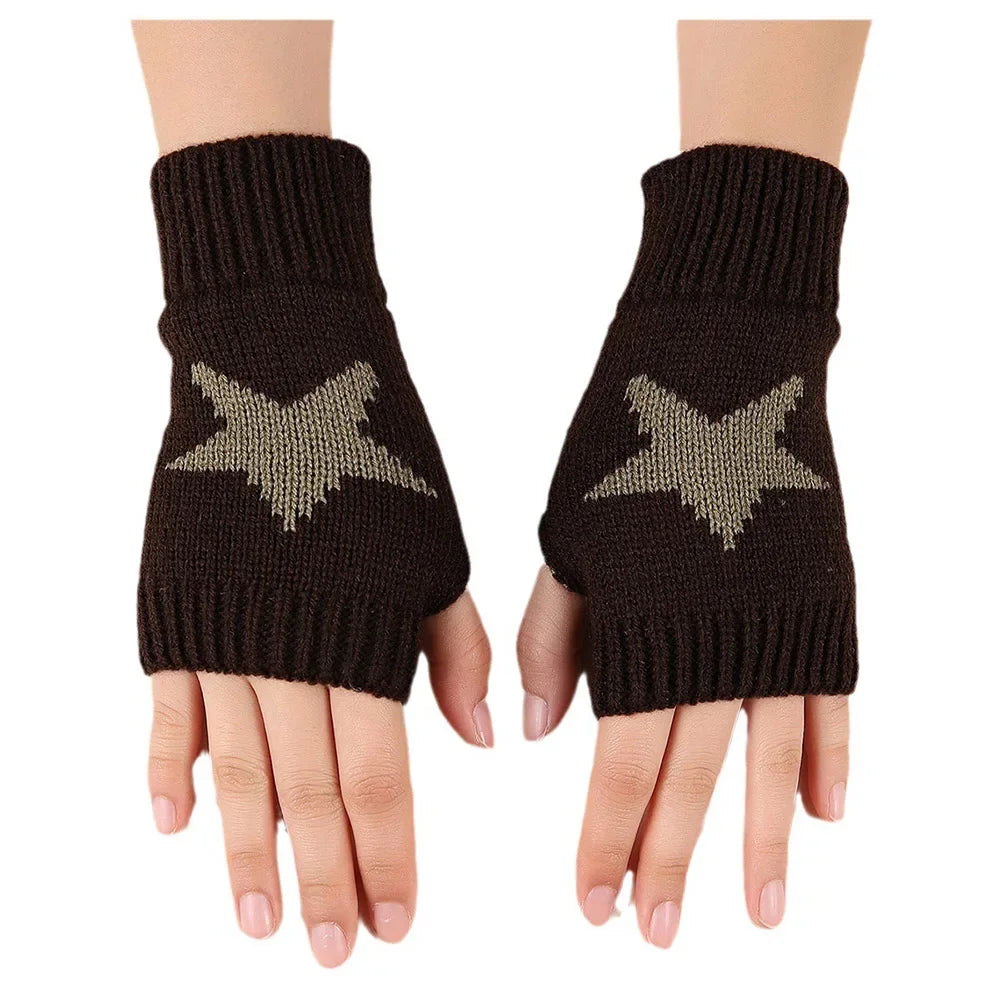 2024 Y2k Knitted Gloves Half Finger Star Gloves Winter Warm Woolen Pentagram Soft Hand Fingerless Emo Gloves Preppy Mittens