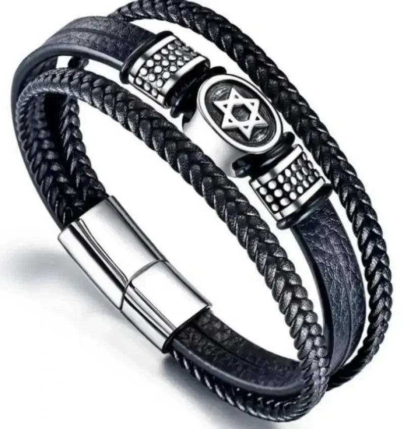 Fashion Star of David Multilayer Leather Braided Bracelet with Magnetic Clasp Men\\\\'s Vintage Judaica Amulet Jewelry