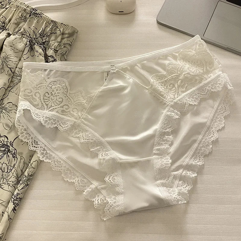 High-quality Satin Panties Soild Color Breathable Underwear Women French Sexy Lace Bow Lingerie Mid-waist Thin Mesh Briefs 도매