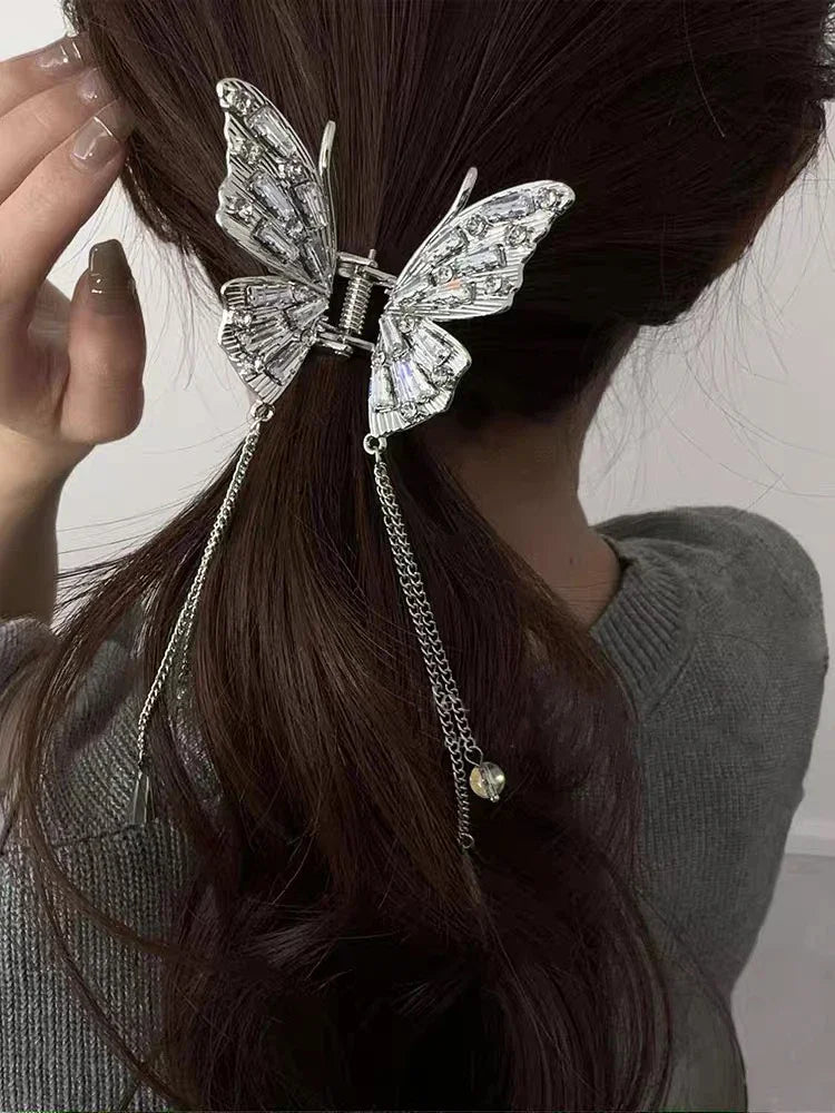 Crystal Butterfly Hair Claw Crab Clip for Women Girls Alloy Tassel Hair Clips Shark Clip Hair Accessories