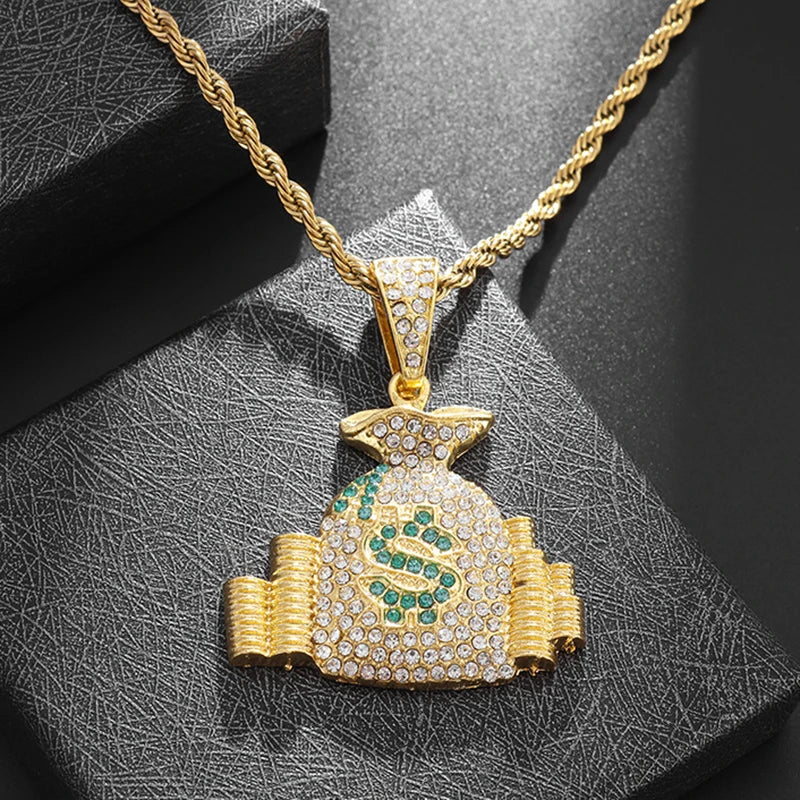 Money Bag Pendant Necklace With Rope Chain Gold Color Hip Hop Punk Bling Iced Out Zircon Cool Men's Rock Biker Neck Jewelry Gift