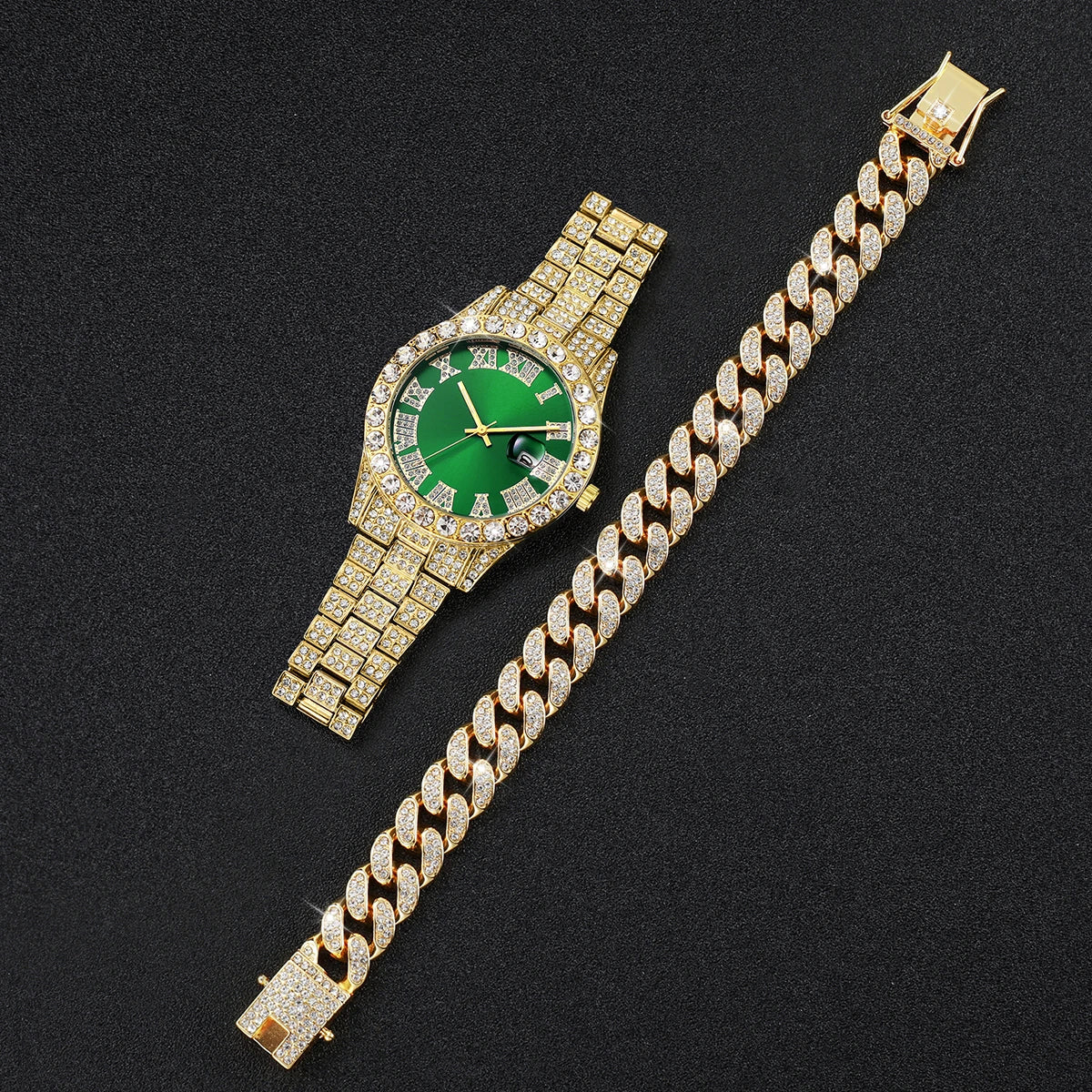 2PCS Luxury Rhinestone Men Watches Fashion Stainless Steel Band Male's Analog Quartz Watch Bracelet Set Relogios Masculino