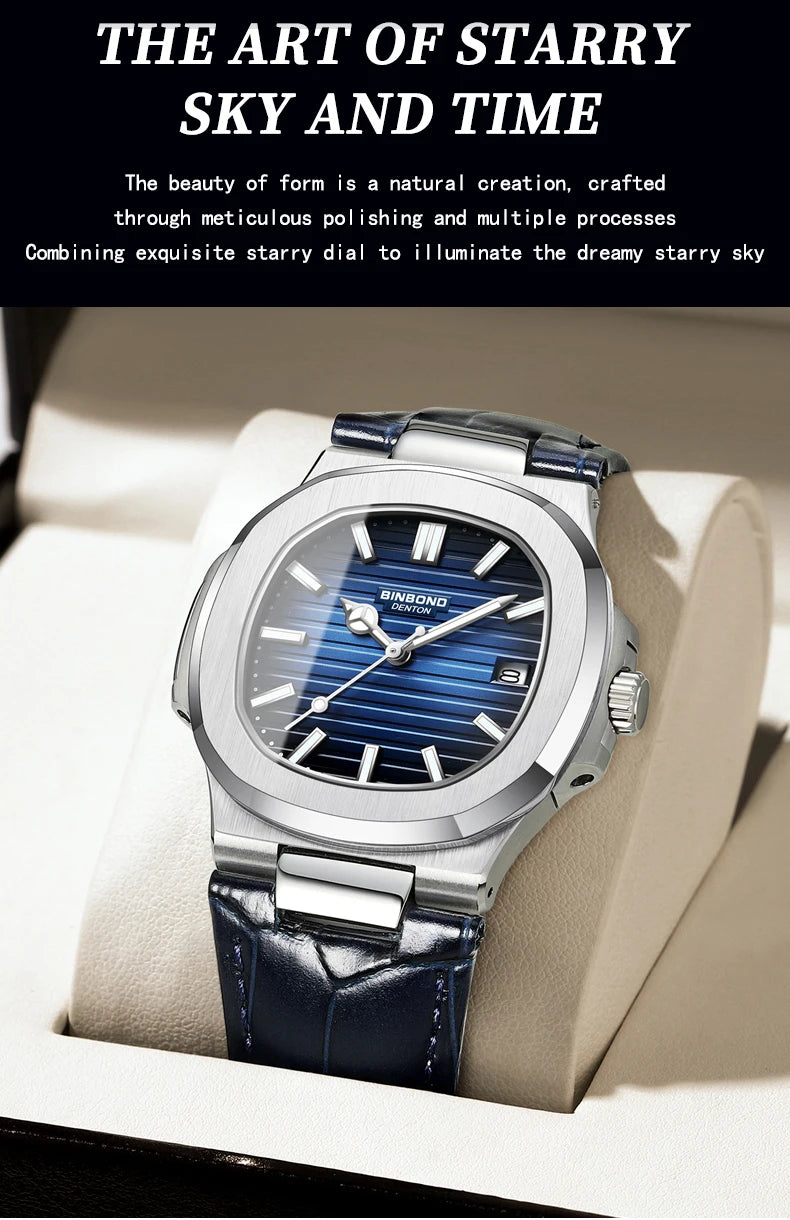 BINBOND Top Luxury Square Man Watch Date Waterproof Luminous Watch High Quality Leather Quartz Men's Watches Relogio Masculino