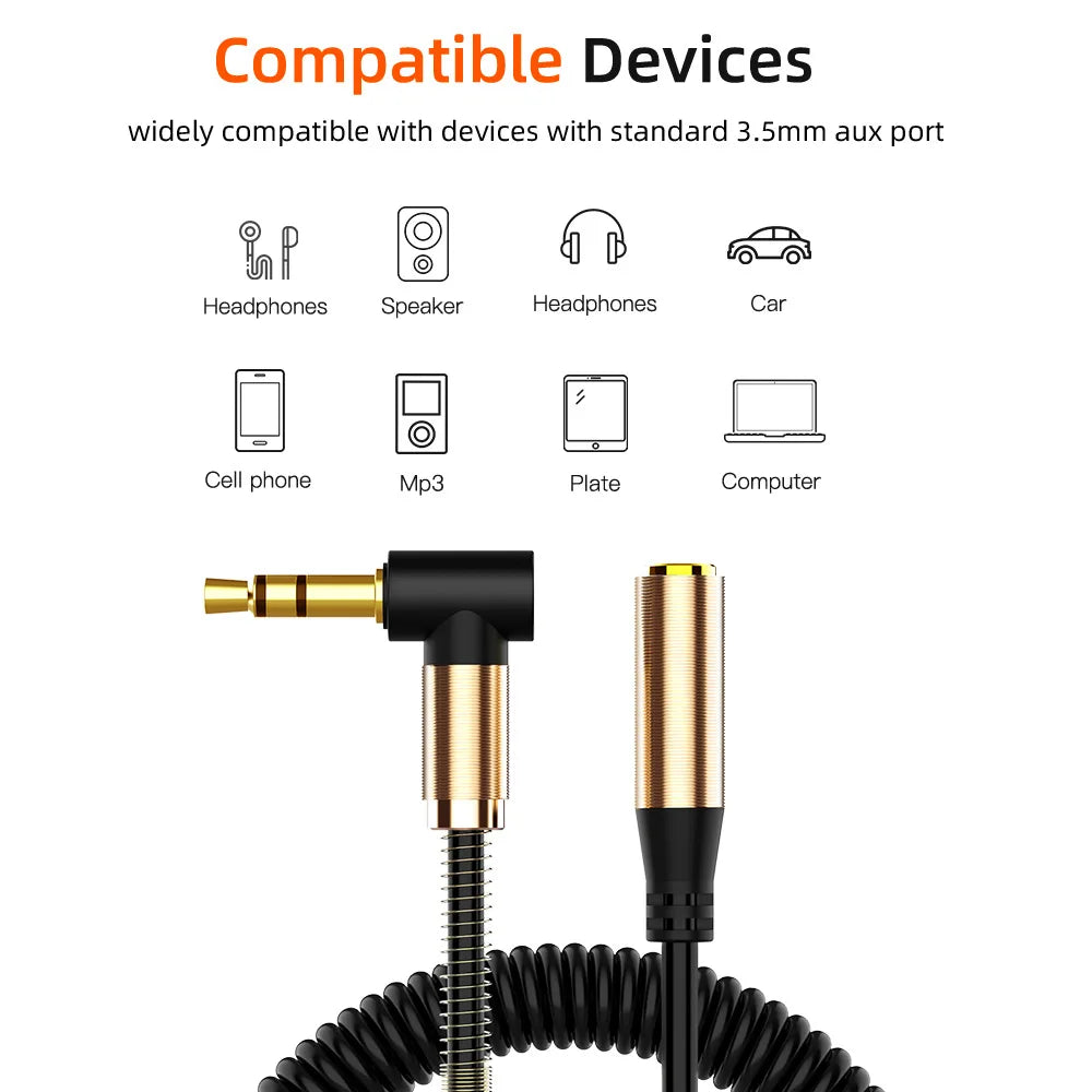 Elbow Spring 3.5mm AUX Audio Extension Cable 3.5 Jack male to Female Audio Extender Cable Retractable Cable