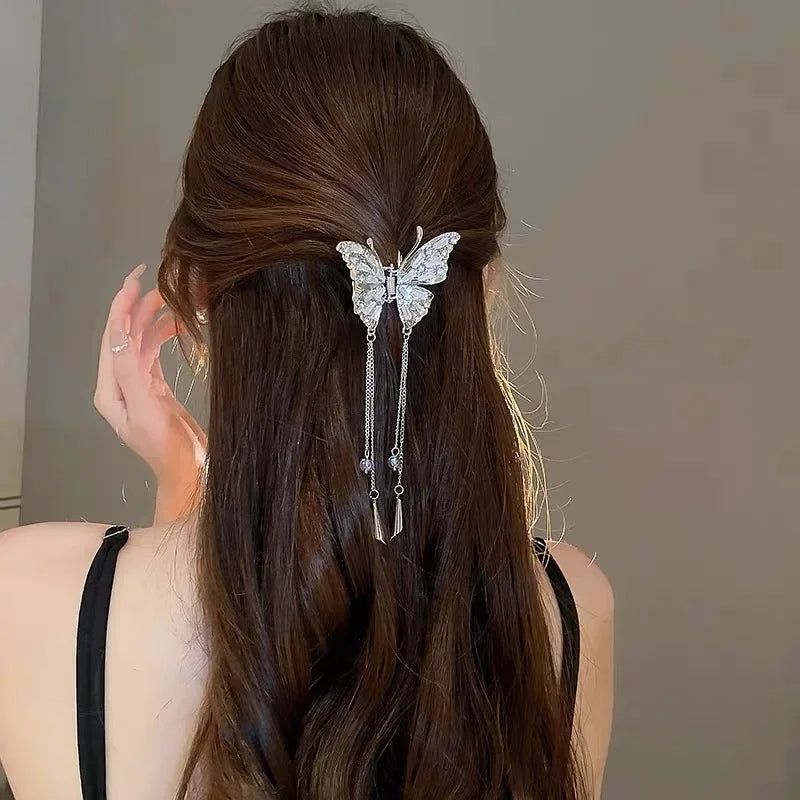 Crystal Butterfly Hair Claw Crab Clip for Women Girls Alloy Tassel Hair Clips Shark Clip Hair Accessories