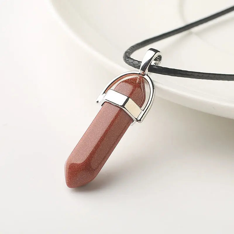 Natural Stone Pendant Necklace Ladies Girls Gift PU Leather Hexagonal Pillar Pointed Jewelry