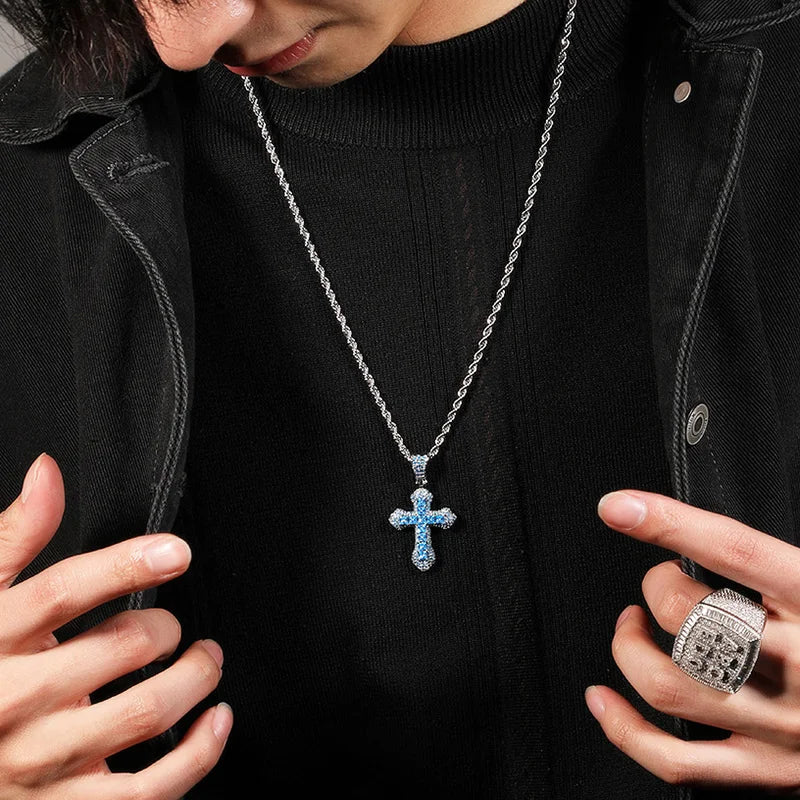 Luxury Inlaid CZ Cross Hiphop Pendant Rope Chain Necklaces for Men Women Punk Personality Rapper Accessory Fashion Neck Jewelry