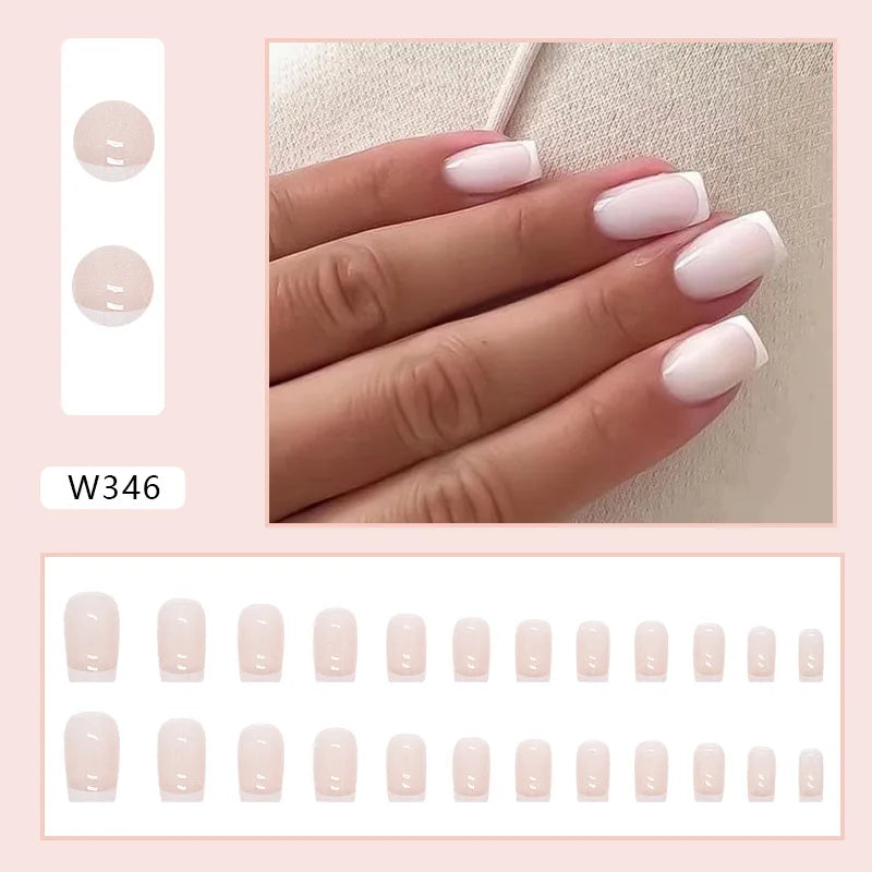 Simple French 24 Pcs Press on Nails Pink Gradient Fake Nails Glossy Artificial Finger Manicure Reusable False Nails for Women