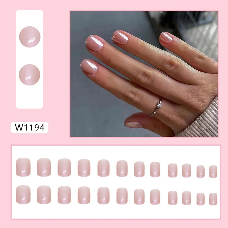 Sweet French 24 Pcs Press on Nails Pink Gradient Fake Nails Glossy Artificial Finger Manicure Reusable False Nails for Women