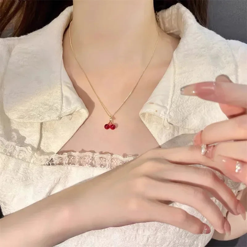 Red Cherry Pendant Necklace Stud Earrings Set Women's Fashion Fruit Necklace Earrings Jewery Set For Party Wedding Girls Gifts