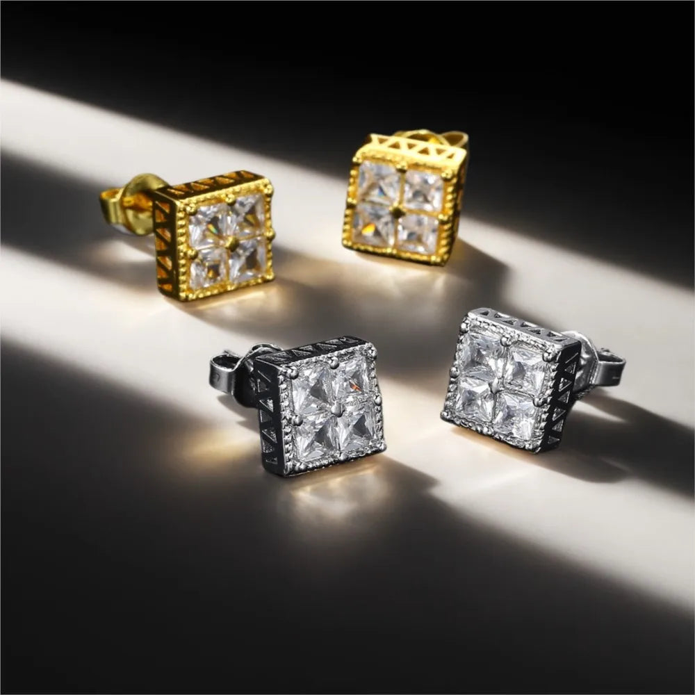 Popular Gold Color Earrings For Men Women Square Silver Color Cubic Zirconia Earings Charm Daily Wear Jewelry Push Back  OHE150