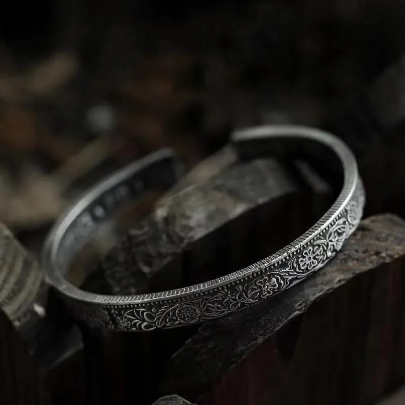 Silver-Plated Lucky Sixpence Pattern Letter Bracelet Men's Cuff Bangles Women's Trendy Charm Jewelry