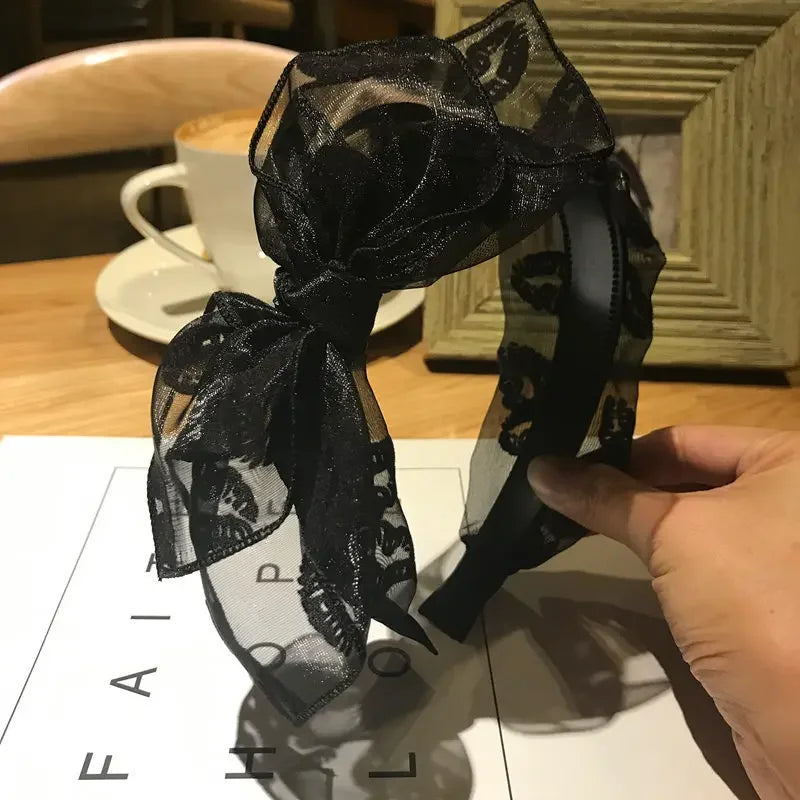 Bow Hairband Black Mesh Headband for Women Korean Fashion Double Layers Headbands with Lips Print Ladies Hair Accessories