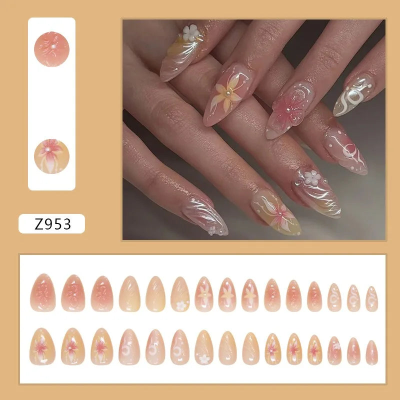 24Pcs 3D Flower Almond Nail Set Press on Nails with 3D Wave Drill False Nails French Tip Full Cover Artificial Nails Art Tips