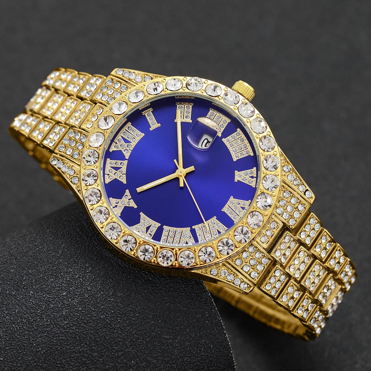 2PCS Luxury Rhinestone Men Watches Fashion Stainless Steel Band Male's Analog Quartz Watch Bracelet Set Relogios Masculino