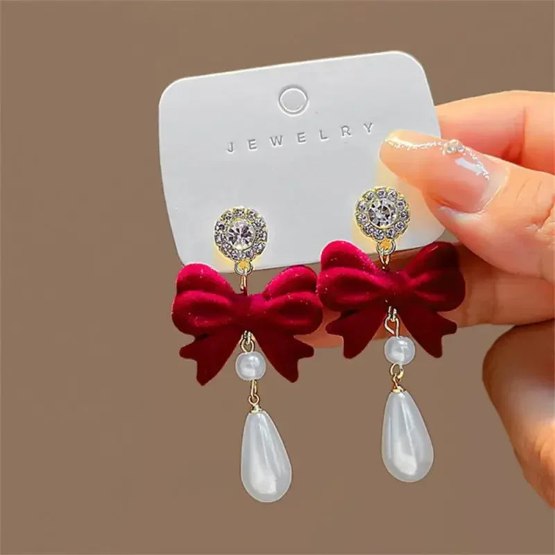 Retro Style Red Bowknot Stud Earrings for Women Girls Simple Earings Piercing Aesthetics Elegant Earrings Christmas Jewelry Gift