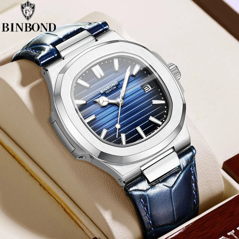 BINBOND Top Luxury Square Man Watch Date Waterproof Luminous Watch High Quality Leather Quartz Men's Watches Relogio Masculino