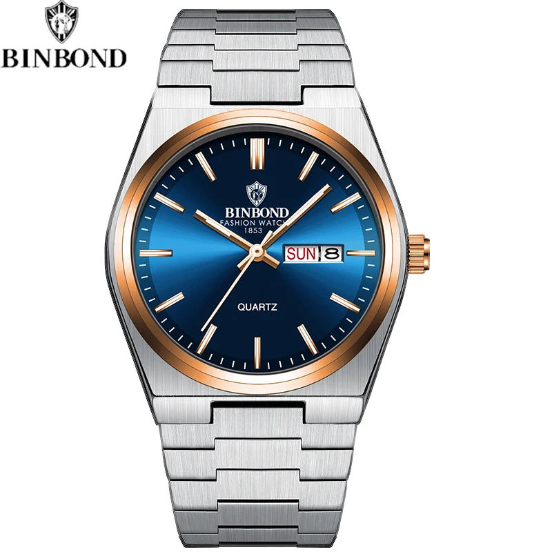 BINBOND Fashion New Men Business Watch Leisure Quartz Stainless Steel Buckle Watches Waterproof Luminous Calendar Men's Watches
